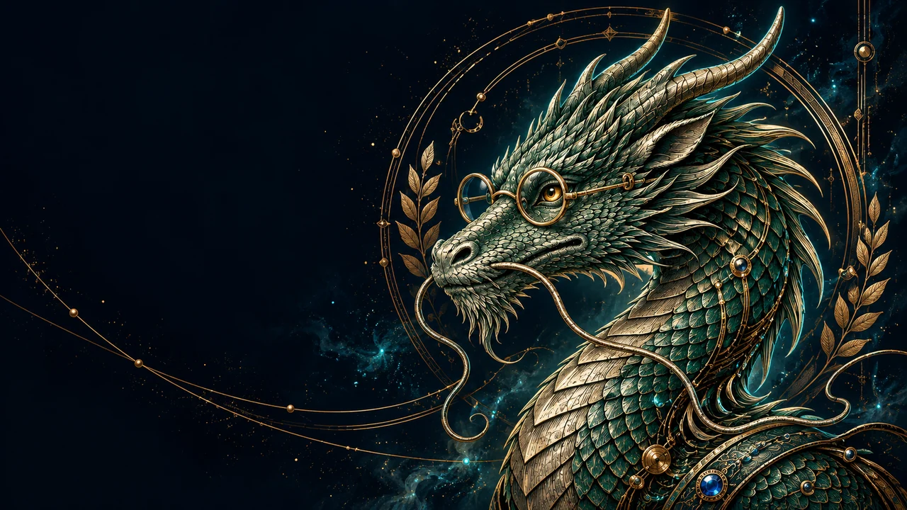 NOGARDA’s emerald scholarly dragon, wearing round gold spectacles.